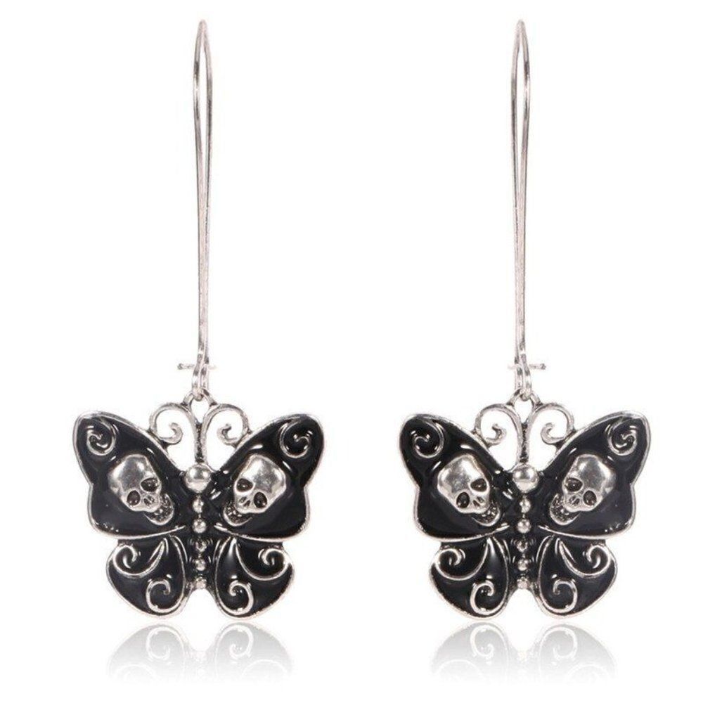 Black Butterfly Kidney Earwire Style Skull Earrings, One Size, NWT
